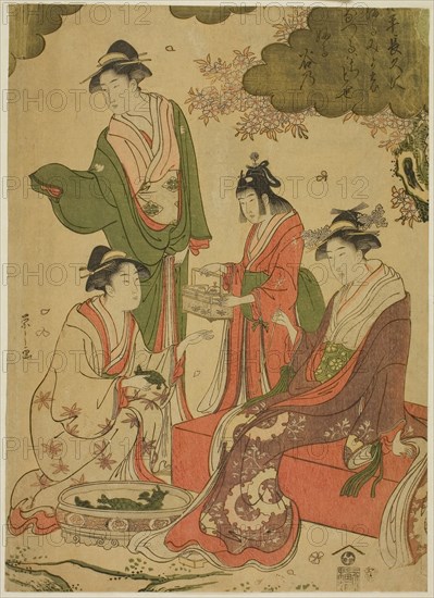 Women Viewing Cherry Blossoms, c. 1793, Chobunsai Eishi, Japanese, 1756-1829, Japan, Color woodblock print, right sheet of oban triptych (center sheet: 1925.3088), Approx. 33.0 x 23.2 cm (13 x 9 1/8 in.)