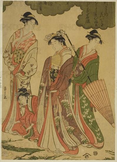 Women Viewing Cherry Blossoms, c. 1793, Chobunsai Eishi, Japanese, 1756-1829, Japan, Color woodblock print, center sheet of oban triptych (right sheet: 1925.3087), Approx. 33.0 x 23.2 cm (13 x 9 1/8 in.)