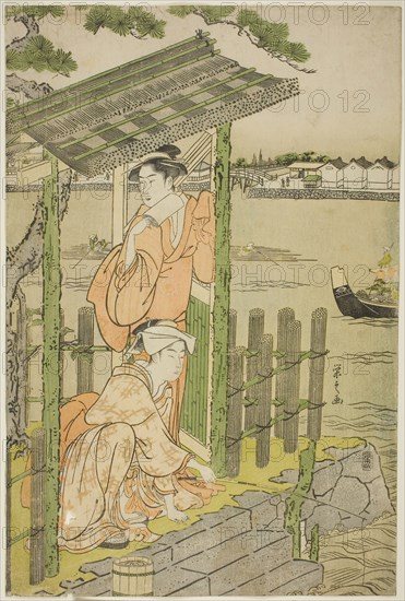 Gathering at a Teahouse on the Bank of the Sumida River, c. 1788/90, Chobunsai Eishi, Japanese, 1756-1829, Japan, Color woodblock print, right sheet of oban diptych, 15 1/8 x 10 1/2 in.