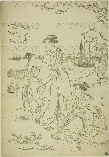 Viewing Cherry Blossoms at Goten Hill, c. 1787, Chobunsai Eishi, Japanese, 1756-1829, Japan, Woodblock print, right sheet of oban triptych, keyblock proof impression (color sheet: 1925.3091, left sheet: 1939.2195), 38.4 x 26.7 cm (15 1/8 x 10 1/2 in.)