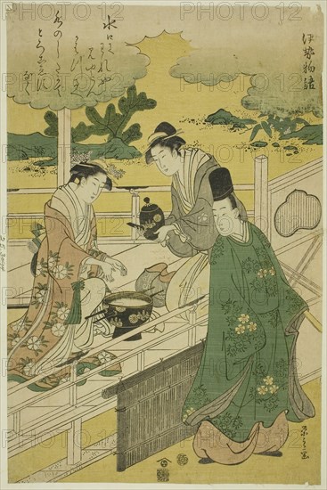 A Parody of the Tales of Ise, c. 1789/95, Chobunsai Eishi, Japanese, 1756-1829, Japan, Color woodblock print, right sheet of oban triptych, 14 1/4 x 9 5/16 in.
