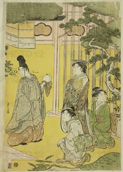Wakana, Part 1 (Wakana, jo), from the series A Fashionable Parody of the Tale of Genji (Furyu yatsushi Genji), c. 1789/94, Chobunsai Eishi, Japanese, 1756-1829, Japan, Color woodblock prints, right sheet of oban triptych (complete triptych: 1930.388), 14 1/2 x 10 in.
