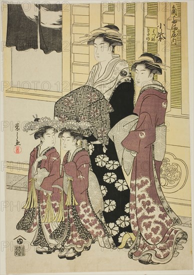Komurasaki of the Kadotamaya with Attendants Hatsune and Utano, c. 1790, Chobunsai Eishi, Japanese, 1756-1829, Publisher: Hibino Yohachi, Japanese, unknown, Japan, Color woodblock print, oban, 36.5 x 25.3 cm (14 3/8 x 9 7/8 in.)