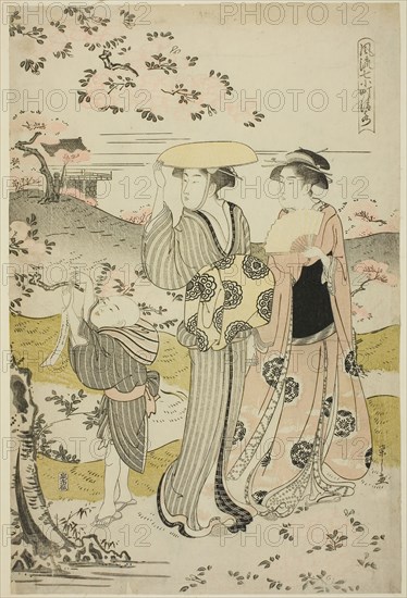 Ono no Komachi Visiting Kiyomizu Temple, from the series The Fashionable Seven Komachi (Furyu nana Komachi), Edo period (1615–1868), about 1788, Chobunsai Eishi, Japanese, 1756-1829, Japan, Color woodblock print, oban, 38.7 x 25.4 cm (15 1/4 x 10 in.)