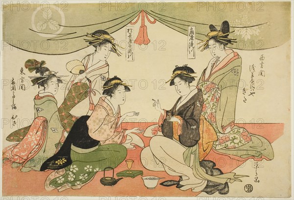 Naniwaya Okita and Takashima Ohisa playing a game of ken, c. 1793/94, Chobunsai Eishi, Japanese, 1756-1829, Japan, Color woodblock print, oban yoko-e, 10 1/4 x 14 15/16 in.