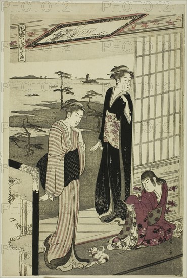 Suma, from the series A Fashionable Parody of the Tale of Genji (Furyu yatsushi Genji), c. 1789/94, Chobunsai Eishi, Japanese, 1756-1829, Japan, Color woodblock print, left sheet of oban triptych (right sheet: 1925.3104), 15 1/2 x 10 1/4 in.