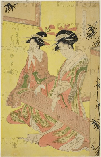 Beauties Parodying the Seven Sages, A Selection of Younger Courtesans (Shichi kenjin yatsushi bijin shinzo zoroe): Miyagawa of the Matsubaya, c. 1793, Chobunsai Eishi, Japanese, 1756-1829, Publisher: Iwato-Ya, Japanese, Unknown, Japan, Color woodblock print, oban, 38.1 x 25.4 cm (15 x 10 in.)