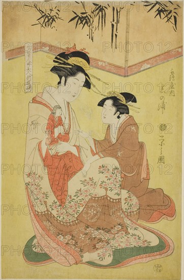 Beauties Parodying the Seven Sages, A Selection of Younger Courtesans (Shichi kenjin yatsushi bijin shinzo zoroe): Shinoura of the Tsuruya, c. 1793, Chobunsai Eishi, Japanese, 1756-1829, Publisher: Iwato-Ya, Japanese, Unknown, Japan, Color woodblock print, oban, 38.1 x 25.4 cm (15 x 10 in.)