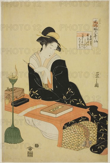 An Elegant Parody of the Six Poetic Immortals (Furyu yatsushi rokkasen): The Priest Kisen, c. 1793, Chobunsai Eishi, Japanese, 1756-1829, Publisher: Hibino Yohachi, Japanese, unknown, Japan, Color woodblock print, oban, 38.8 x 25.7 cm