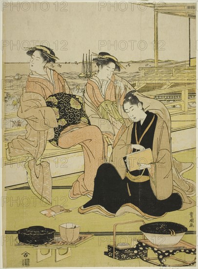 Overlooking the bay at Shinagawa, c. 1790, Utagawa Toyokuni I ?? ?? ??, Japanese, 1769–1825, Japan, Color woodblock print, sheet from an oban triptych, 13 5/8 x 10 in.