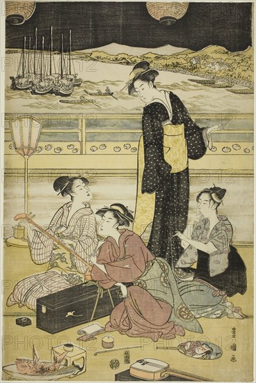 Evening party at Shinagawa, c. 1790, Utagawa Toyokuni I ?? ?? ??, Japanese, 1769–1825, Japan, Color woodblock print, right sheet of oban triptych, 15 x 9 3/4 in.