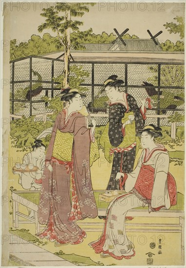 Women Visiting the Bird and Flower Teahouse (Kachojaya), c. 1792/93, Utagawa Toyokuni I ?? ?? ??, Japanese, 1769–1825, Japan, Color woodblock print, center sheet of oban triptych, 15 x 10 in.