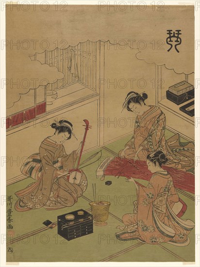 Koto (Kin), from an untitled series of the four accomplishments, c. 1772/75, Utagawa Toyoharu, Japanese, 1735-1814, Japan, Color woodblock print, o-oban, 17 1/2 x 14 in.