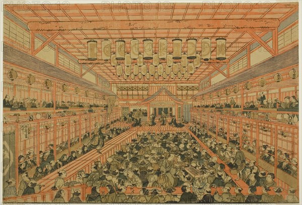 Perspective Picture of a Kabuki Theater (Uki-e Kabuki shibai no zu), c. 1776, Utagawa Toyoharu, Japanese, 1735-1814, Japan, Color woodblock print, oban, trimmed, 9 3/4 x 14 3/8 in.