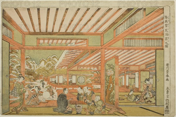 Snow-Viewing Entertainment, c. 1771, Utagawa Toyoharu, Japanese, 1735-1814, Japan, Color woodblock print, large oban, Paper: 38.9 x 25.5 cm, block: 37.5 x 24.6 cm