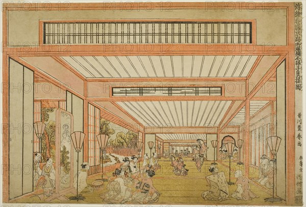 Views of Reception Rooms in Japan, Entertainments on the Day of the Rat in the Modern Style (Uki-e wakoku keiseki ozashiki imayo ne no hi no asobi no zu), c. 1771/76, Utagawa Toyoharu, Japanese, 1735-1814, Japan, Color woodblock print, oban, 25.3 x 37.3 cm (10 x 14 5/8 in.)