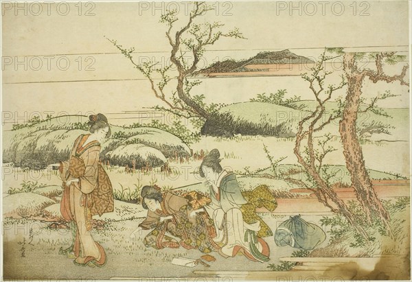 Gathering spring greens, from the album Fuji in Spring (Haru no Fuji), 1803, Katsushika Hokusai ?? ??, Japanese, 1760-1849, Japan, Color woodblock print, double-page illustration from book, 21.6 x 31.7 cm (8 1/2 x 12 1/4 in.)