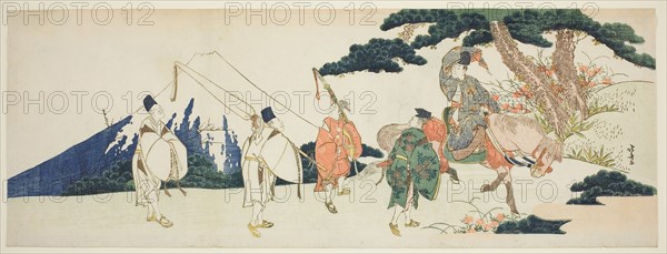 The Eastern Journey of the Celebrated Poet Ariwara no Narihira, c. 1806, Katsushika Hokusai ?? ??, Japanese, 1760-1849, Japan, Color woodblock print, nagaban surimono, 19.6 x 53.1 cm