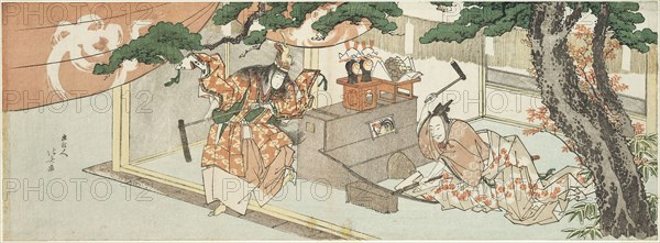 The Swordsmith Munechika and the God of Inari, 1805, Katsushika Hokusai ?? ??, Japanese, 1760-1849, Japan, Color woodblock print, nagaban yoko-e surimono, 18.2 x 50.4 cm
