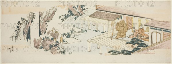 Servant throwing bundles of branches into waterfall, c. 1810, Katsushika Hokusai ?? ??, Japanese, 1760-1849, Japan, Color woodblock print, ebangire, surimono, 7 3/4 x 21 in.