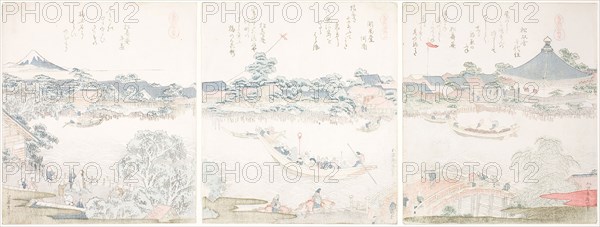 Komagata Hall and O-umaya River Bank, from the series A Selection of Horses (Uma zukushi), 1822, Katsushika Hokusai ?? ??, Japanese, 1760–1849, Japan, Color woodblock prints with metallic pigments, surimono shikishiban triptych, 20.7 x 18.2 cm (8 1/8 x 7 1/8 in.)