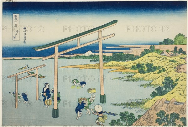 Seashore at Nobutoura (Nobutoura), from the series Thirty-six Views of Mount Fuji (Fugaku sanjurokkei), c. 1830/33, Katsushika Hokusai ?? ??, Japanese, 1760-1849, Publisher: Hibino Yohachi, Japanese, unknown, Japan, Color woodblock print, oban, 20.8 x 37.3 cm (10 1/8 x 14 11/16 in.)