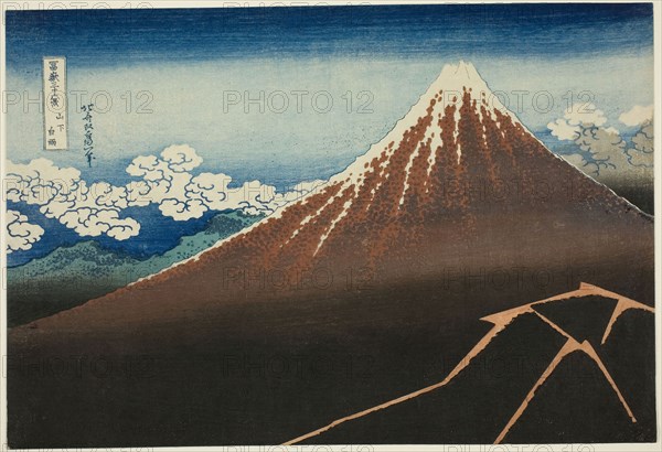 Shower Below the Summit (Sanka hakuu), from the series Thirty-Six Views of Mount Fuji (Fugaku sanjurokkei), c. 1830/33, Katsushika Hokusai ?? ??, Japanese, 1760-1849, Japan, Color woodblock print, oban, 25.7 x 37.6 cm (10 1/8 x 14 9/16 in.)