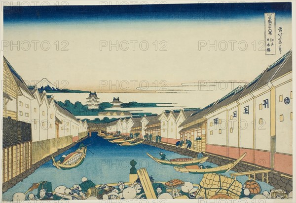 Nihonbashi Bridge in Edo (Edo Nihonbashi), from the series Thirty-six Views of Mount Fuji (Fugaku sanjurokkei), c. 1830/33, Katsushika Hokusai ?? ??, Japanese, 1760-1849, Japan, Color woodblock print, oban, 10 1/16 x 14 3/4 in.