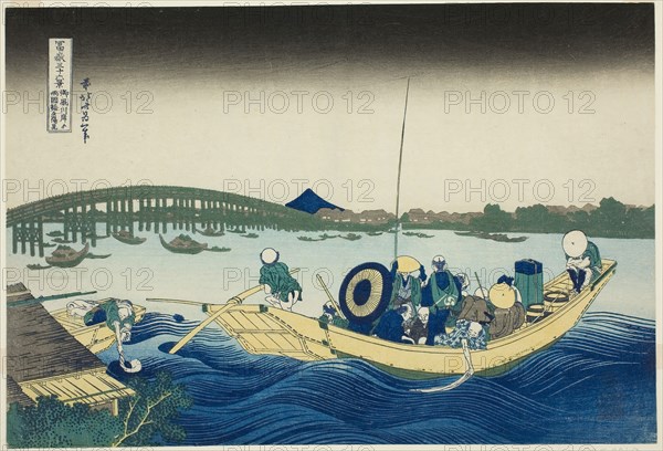 Fuji from Ommayagashi with Twilight over Ryogoku Bridge (Ommayagashi yori ryogokubashi sekiyo o miru), from the series Thirty-six Views of Mount Fuji (Fugaku sanjurokkei), c. 1830/33, Katsushika Hokusai ?? ??, Japanese, 1760-1849, Publisher: Hibino Yohachi, Japanese, unknown, Japan, Color woodblock print, oban, 37.5 x 25.6 cm (14 3/4 x 10 1/16 in.)