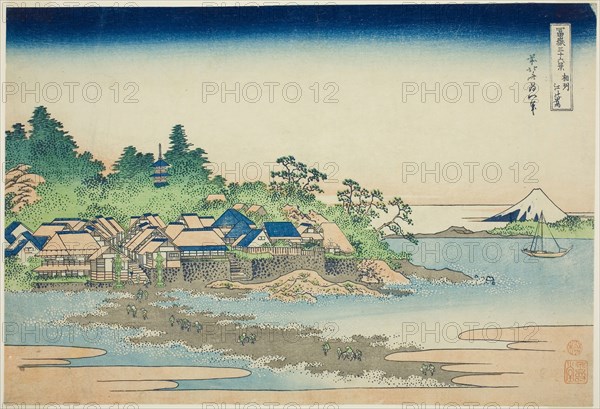 Enoshima Island in Sagami Province (Soshu Enoshima), from the series Thirty-six Views of Mount Fuji (Fugaku sanjurokkei), c. 1830/33, Katsushika Hokusai ?? ??, Japanese, 1760-1849, Publisher: Hibino Yohachi, Japanese, unknown, Japan, Color woodblock print, oban, 25.7 x 37.5 cm (10 1/8 x 14 3/4 in.)