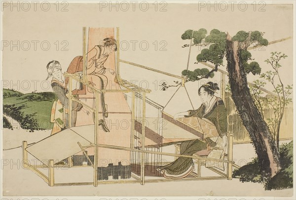Women weaving on a loom, late 1810s and/or early 1820s, Katsushika Hokusai ?? ??, Japanese, 1760-1849, Japan, Color woodblock print, oban, surimono, 9 1/2 x 14 1/4 in.