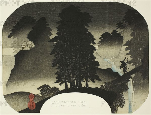 Landscape (Sansui), About 1840, Utagawa Sadahide, Japanese, 1807-1873, Japan, Color woodblock print, uchiwa-e, 21.9 x 28.8 cm