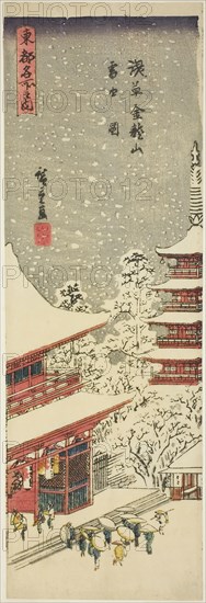 Kinryuzan Temple in Asakusa in Falling Snow (Asakusa Kinryuzan setchu no zu), from the series Famous Views of the Eastern Capital (Toto meisho no uchi), 1840, Utagawa Hiroshige ?? ??, Japanese, 1797–1858, Japan, Color woodblock print, tanzaku, 34.1 x 11.2 cm (13 7/16 x 4 3/8 in.)
