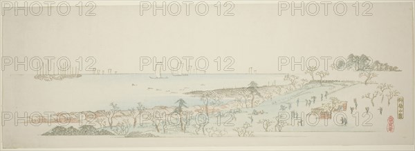 View of Goten Hill (Gotenyama no zu), from the series Thirteen Views of the Environs of Edo, c. 1837/44, Utagawa Hiroshige ?? ??, Japanese, 1797-1858, Japan, Color woodblock print, ebangire, surimono, 7 x 20 in.