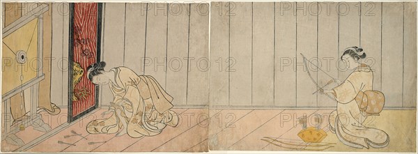 The Archery Gallery, 1765, Suzuki Harunobu ?? ??, Japanese, 1725 (?)-1770, Japan, Color woodblock print, chuban yoko-e diptych, Overall 20.3 x 55.9 cm, 20.3 x 27.9 cm (right), 20.1 x 27.0 cm (left)
