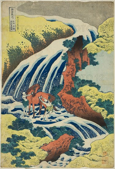 Yoshitsune’s Horse-washing Falls at Yoshino in Yamato Province (Washu Yoshino Yoshitsune uma arai no taki) from the series A Tour of Waterfalls in Various Provinces (Shokoku taki meguri), c. 1833, Katsushika Hokusai ?? ??, Japanese, 1760-1849, Japan, Color woodblock print, oban, Approx. 38.2 x 25.4 cm (15 x 10 in.)