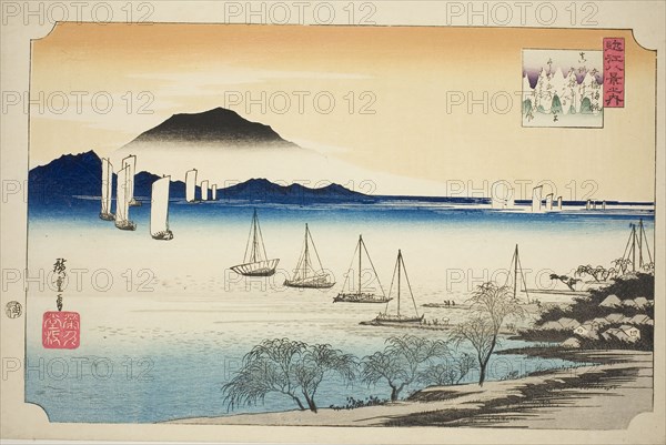 Returning Sails at Yabase (Yabase no kihan), from the series Eight Views of Omi (Omi hakkei no uchi), c. 1834, Utagawa Hiroshige ?? ??, Japanese, 1797-1858, Japan, Color woodblock print, oban, 10 x 14 5/8 in.