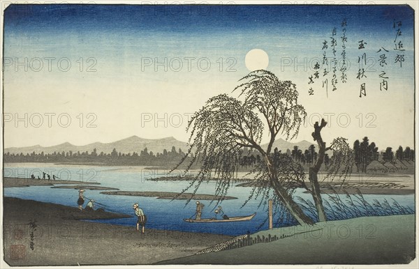 Autumn Moon over Tama River (Tamagawa no shugetsu), from the series Eight Views in the Environs of Edo (Edo kinko hakkei no uchi), c. 1837/38, Utagawa Hiroshige ?? ??, Japanese, 1797-1858, Japan, Color woodblock print, oban, 13 3/4 x 8 3/4 in.