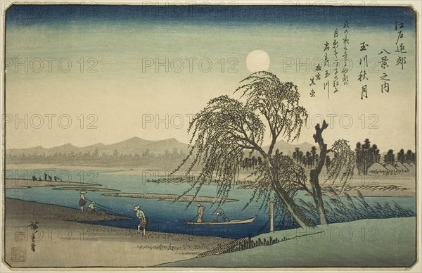 Autumn Moon over Tama River (Tamagawa no shugetsu), from the series Eight Views in the Environs of Edo (Edo kinko hakkei no uchi), c. 1837/38, Utagawa Hiroshige ?? ??, Japanese, 1797-1858, Japan, Color woodblock print, oban, 23.0 x 35.6 cm