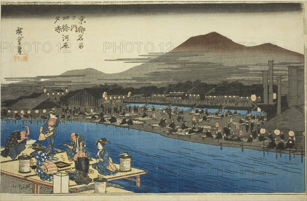 Enjoying the Evening Cool on the Riverbed at Shijo (Shijogawara yusuzumi), from the series Famous Places in Kyoto (Kyoto meisho no uchi), c. 1834, Utagawa Hiroshige ?? ??, Japanese, 1797-1858, Japan, Color woodblock print, oban, 9 3/4 x 14 3/4 in.