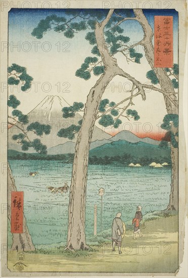Mout Fuji Seen from the Left on the Tokaido (Tokaido hidari Fuji), from the series Thirty-six Views of Mount Fuji (Fuji sanjurokkei), 1858, Utagawa Hiroshige ?? ??, Japanese, 1797-1858, Japan, Color woodblock print, oban, 35.3 x 24.1 cm (13 7/8 x 9 1/2 in.)