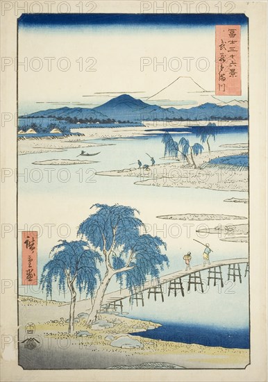 Tama River in Musashi Province (Musashi Tamagawa), from the series Thirty-six Views of Mount Fuji (Fuji sanjurokkei), 1858, Utagawa Hiroshige ?? ??, Japanese, 1797-1858, Japan, Color woodblock print, oban, 36.5 x 25.5 cm (14 3/8 x 10 1/16 in.)