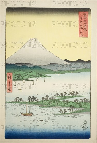 Pine Beach at Miho in Suruga Province (Suruga Miho no matsubara), from the series Thirty-six Views of Mount Fuji (Fuji sanjurokkei), 1858, Utagawa Hiroshige ?? ??, Japanese, 1797-1858, Japan, Color woodblock print, oban, 37.1 x 25.4 cm (14 5/8 x 10 in.)