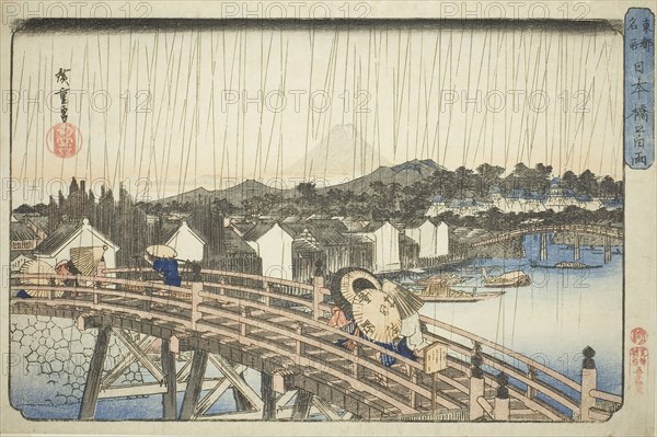 Rain at Nihonbashi Bridge (Nihonbashi no hakuu), from the series Famous Places in the Eastern Capital (Toto meisho), c. 1832/38, Utagawa Hiroshige ?? ??, Japanese, 1797-1858, Japan, Color woodblock print, oban, 21.3 x 34.3 cm (8 7/8 x 13 1/2 in.)