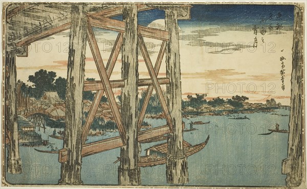 Twilight Moon at the Ryogoku Bridge (Ryogoku no yoizuki), from the series Famous Views of the Eastern Capital (Toto Meisho), c. 1831, Utagawa Hiroshige ?? ??, Japanese, 1797-1858, Japan, Color woodblock print, oban, 21.8 x 35.5 cm (8 3/4 x 14 in.)