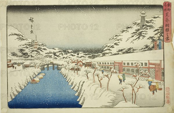 Snow at Akabane Bridge in Shiba (Shiba Akabane no yuki), from the series Famous Places in the Eastern Capital (Toto meisho), c. 1832/38, Utagawa Hiroshige ?? ??, Japanese, 1797-1858, Japan, Color woodblock print, oban, 25 x 37.8 cm (9 13/16 x 14 7/8 in.)