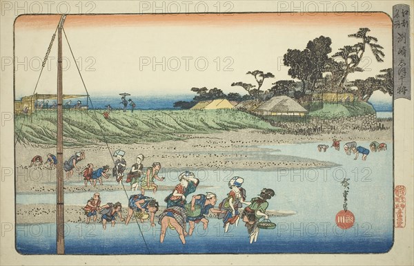 Gathering Shellfish at Low Tide at Susaki (Susaki shiohigari), from the series Famous Places in Edo (Koto meisho), c. 1832/34, Utagawa Hiroshige ?? ??, Japanese, 1797-1858, Japan, Color woodblock print, oban, 25 x 38 cm (9 13/16 x 14 15/16 in.)