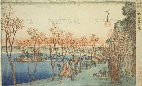 Shinobazu Pond at Ueno (Ueno Shinobazu no ike), from the series Famous Places in Edo (Koto meisho), c. 1832/34, Utagawa Hiroshige ?? ??, Japanese, 1797-1858, Japan, Color woodblock print, oban, 22.2 x 36.3 cm (8 7/8 x 14 1/4 in.)