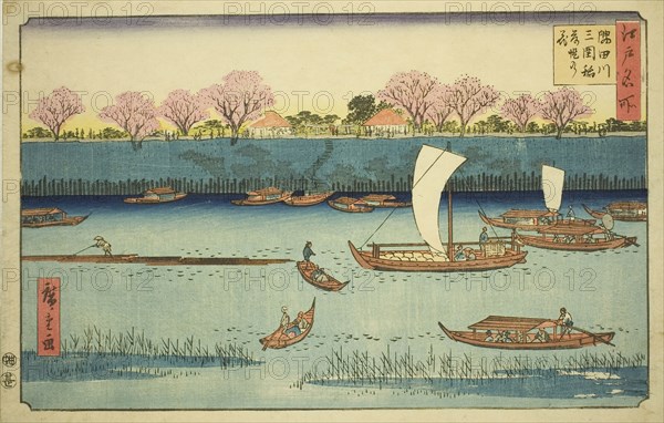 Cherry Trees along the Sumida River Embankment at the Mimeguri Inari Shrine (Sumidagawa Mimeguri Inari tsutsumi no hana), from the series Famous Places in Edo (Edo meisho), c. 1840/58, Utagawa Hiroshige ?? ??, Japanese, 1797-1858, Japan, Color woodblock print, oban, 21.9 x 34.6 cm (8 5/8 x 13 5/8 in.)