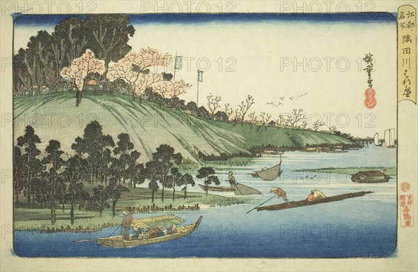 Cherry Blossoms in Full Bloom along the Sumida River (Sumidagawa hanazakari), from the series Famous Places in Edo (Koto meisho), c. 1832/34, Utagawa Hiroshige ?? ??, Japanese, 1797-1858, Japan, Color woodblock print, oban, 25.2 x 38 cm (9 15/16 x 14 15/16 in.)